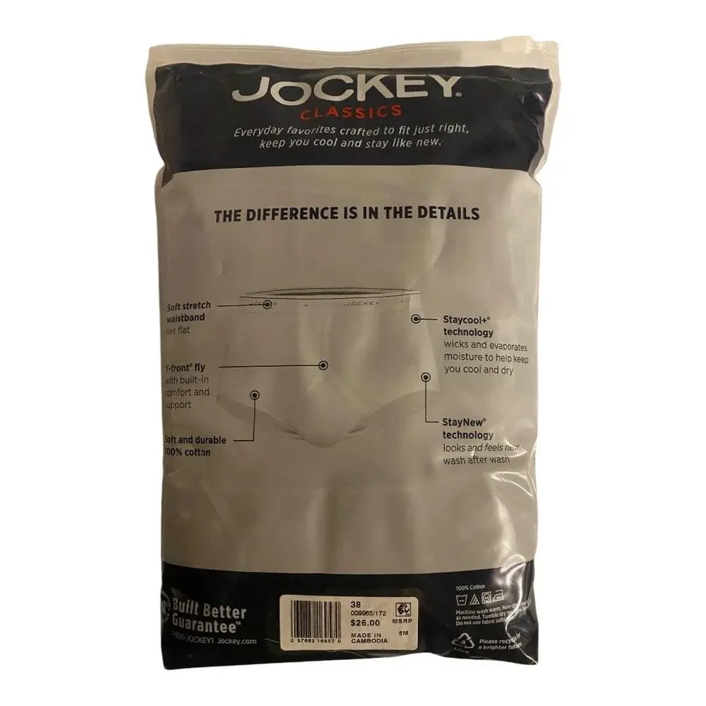 Jockey Classics Men's Size 38 Stay Cool Cotton Full Rise Briefs Pack of 4 NWT